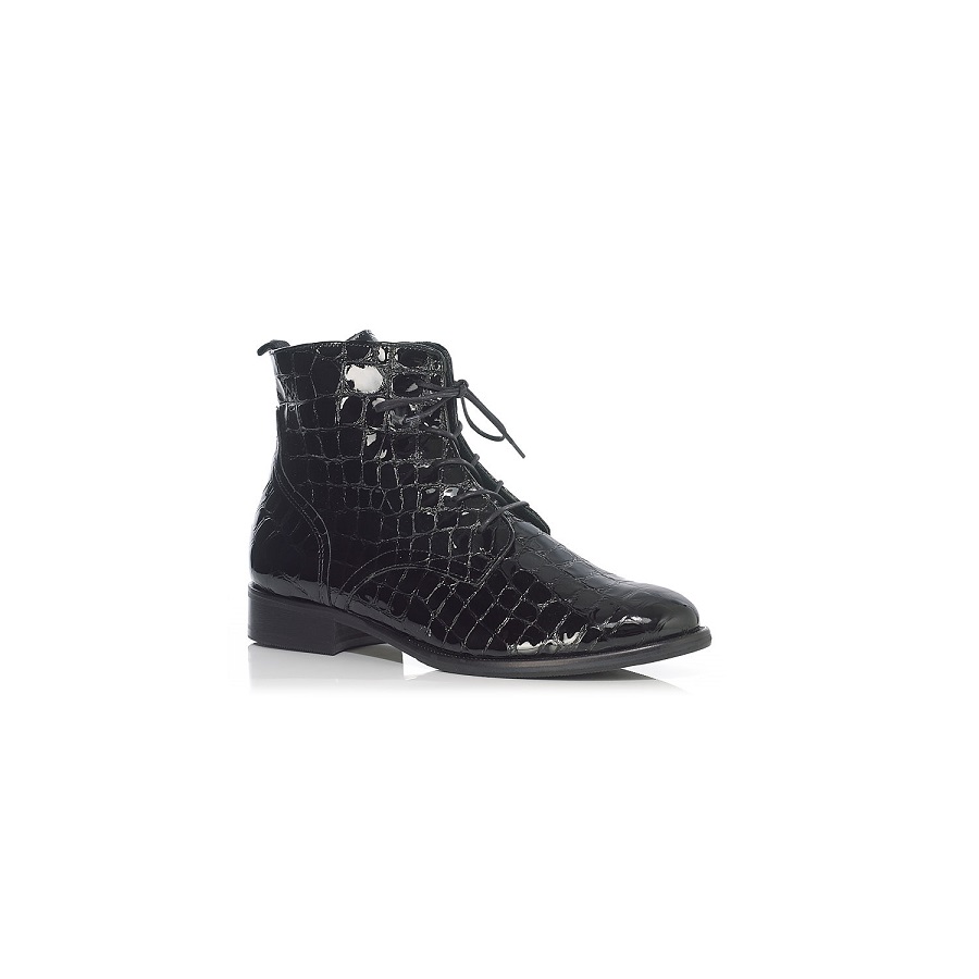 FLAT ANKLE BOOT WITH LACE IN CROCO BLACK, VERY LIGHT AND COMFORT