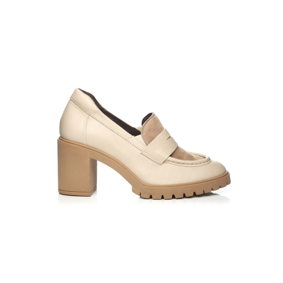 Heel shoe in velour Creme with a trim on top, heel 7 cm