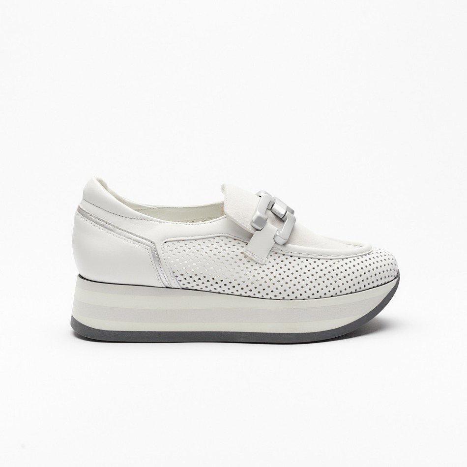 This is a modern platform loafer in a premium leather, featuring a perforated design for breathability and style. The shoe has a sleek, elevated sole with white and silver stripes, adding a sporty yet sophisticated touch. A decorative metallic chain detail on the strap enhances its elegance, making it a versatile choice for both casual and chic outfits.