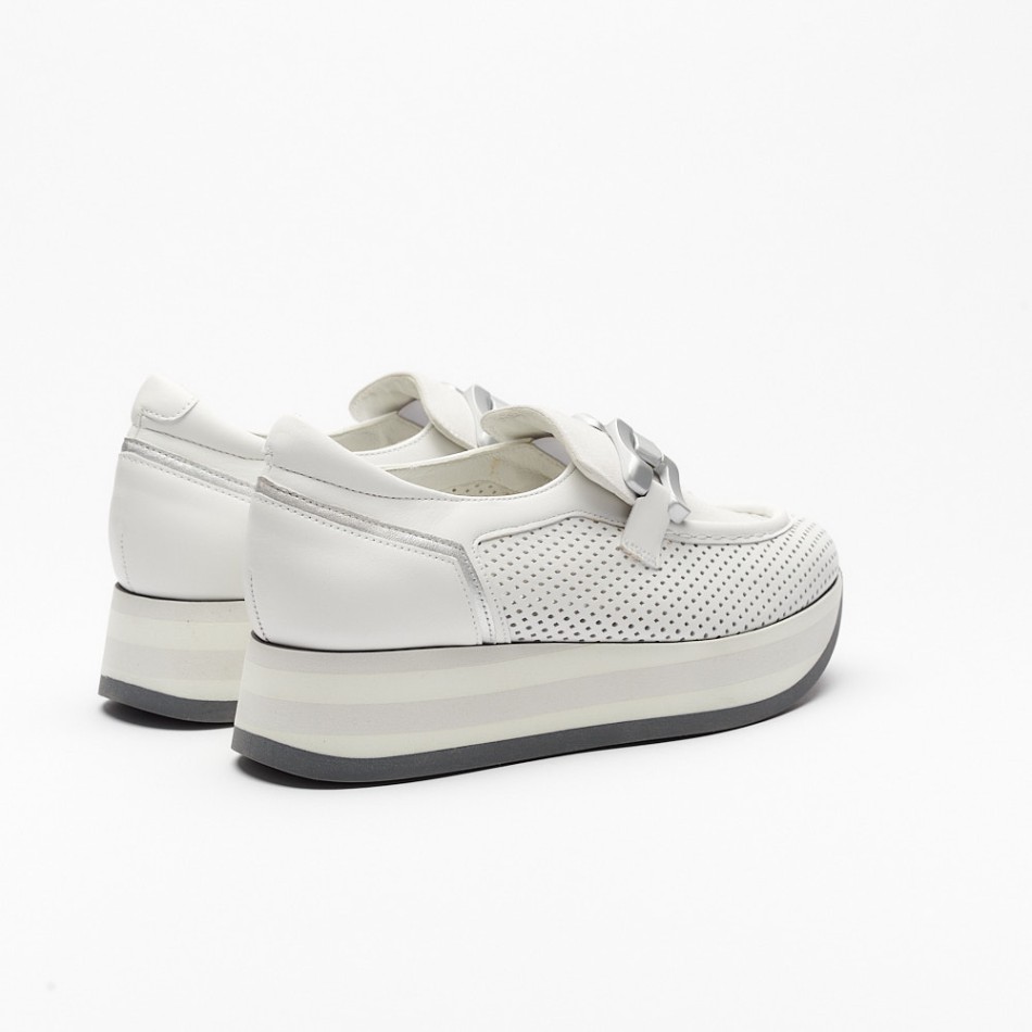 This is a modern platform loafer in a premium leather, featuring a perforated design for breathability and style. The shoe has a sleek, elevated sole with white and silver stripes, adding a sporty yet sophisticated touch. A decorative metallic chain detail on the strap enhances its elegance, making it a versatile choice for both casual and chic outfits.